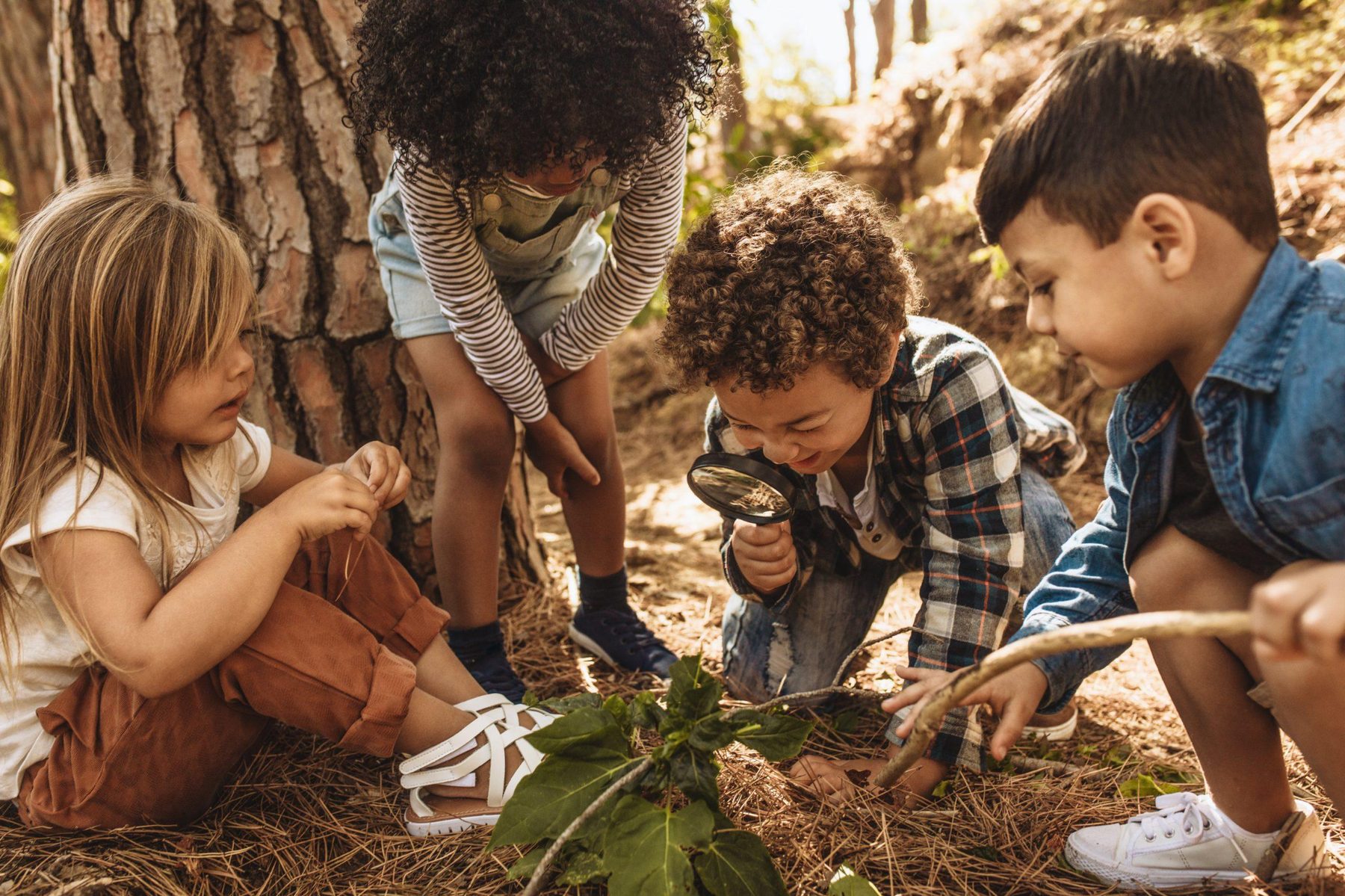 Four children exploring nature together with a magnifying glass